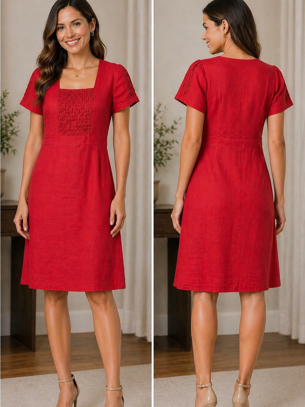 Red Short Sleeve Linen Dress